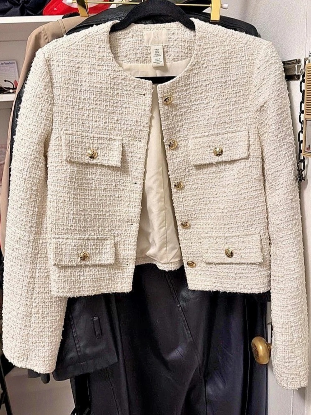 H&M Cream Textured Boucle Tweed Gold Button Front Jacket